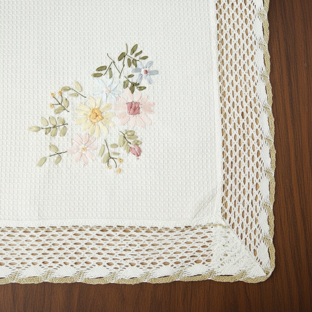 Floral embroidery on a white fabric with lace trim on a wooden surface
