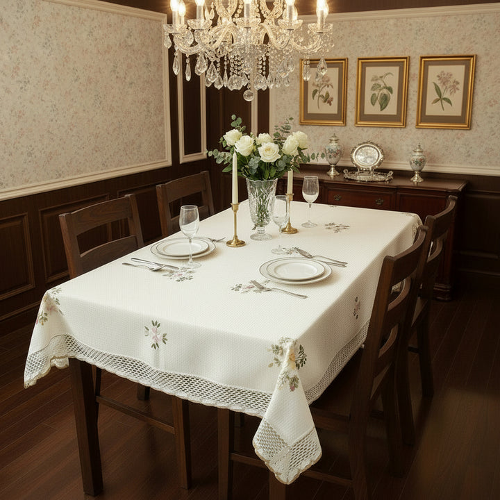 Dining table with floral tablecloth, chairs, and a vase of flowers in a bright room.