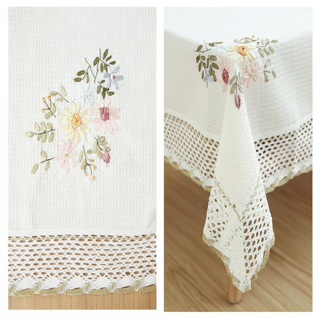 White embroidered tablecloth with floral designs on a wooden surface