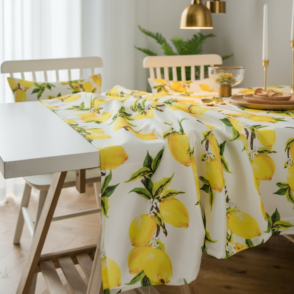 Dining table with lemon-patterned tablecloth in a bright room