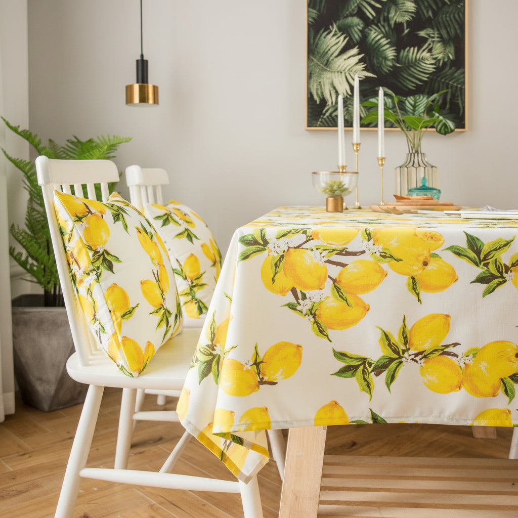 Dining room with a tablecloth featuring lemon pattern and matching chair covers.
