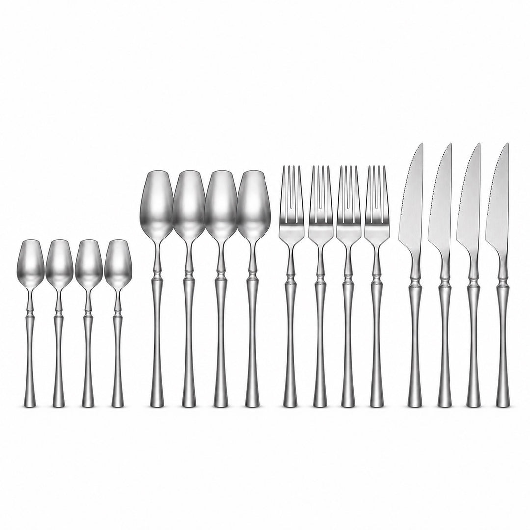 A 16-piece stainless steel flatware and cutlery set arranged in ascending size order on a plain white background, including dinner forks, salad forks, soup spoons, dinner knives, and dinner forks.