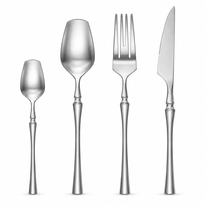 Four-piece stainless steel cutlery set with elegant handles, including a dinner fork, salad fork, spoon, and knife, arranged vertically on a white background.