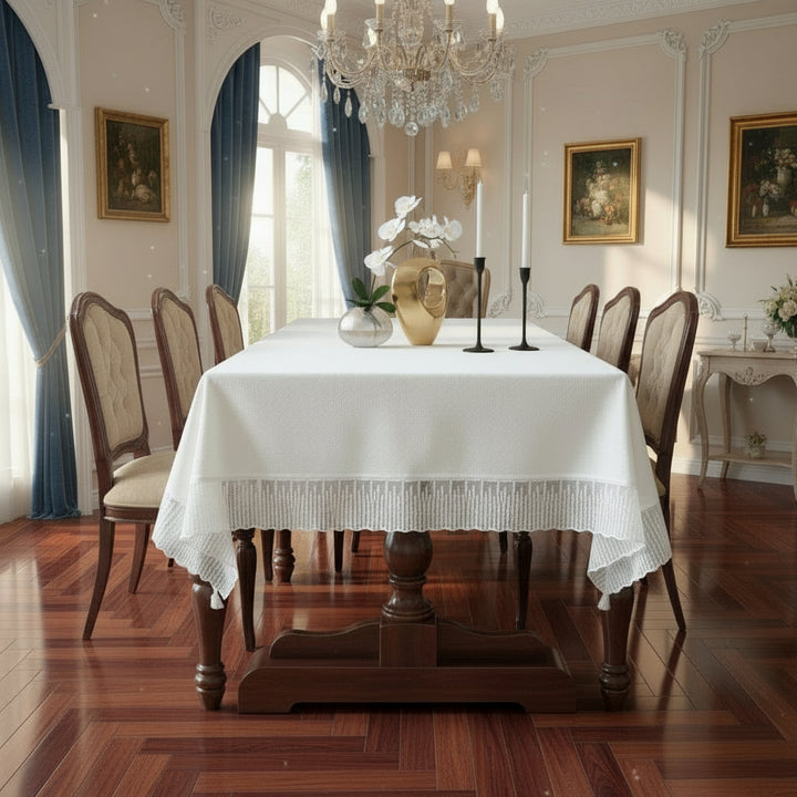 Dining room with a wooden table, white lace tablecloth, chairs, and decorative elements.