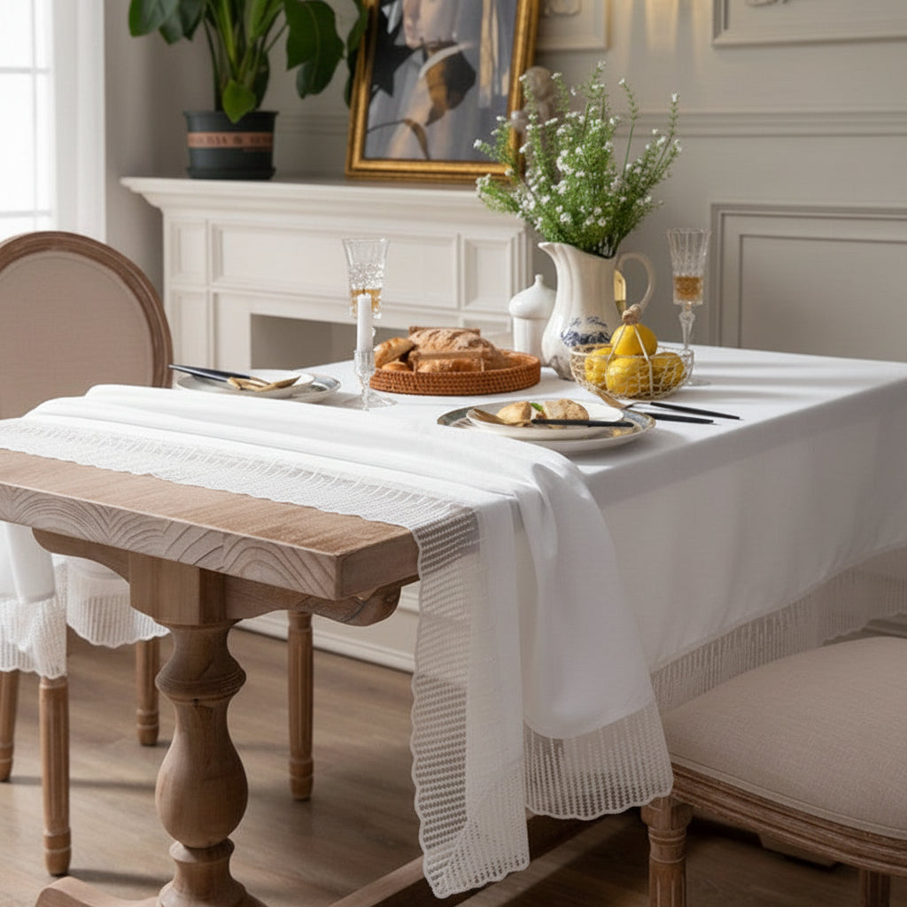 Dining table set with a white lace tablecloth, plates, and glasses in a cosy room.