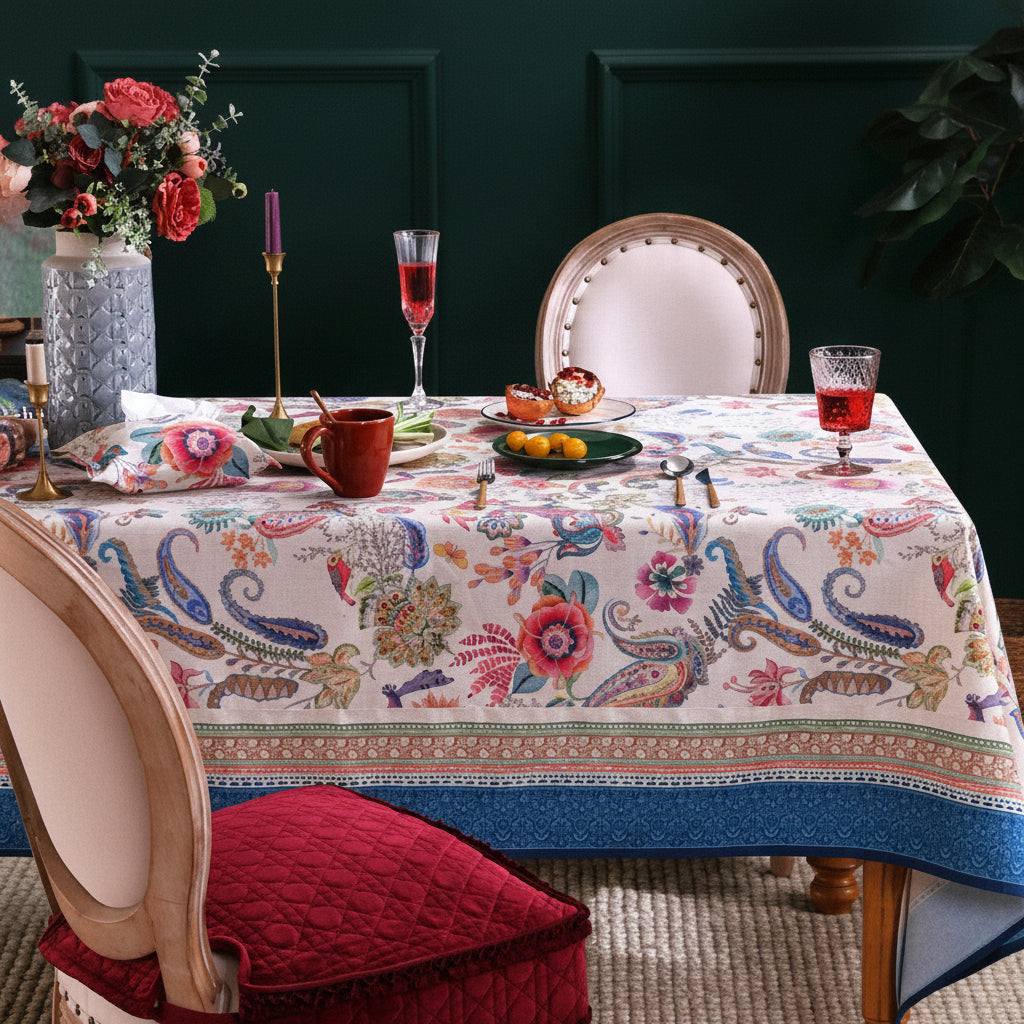Château Jardin 100% linen floral tablecloth on dining table