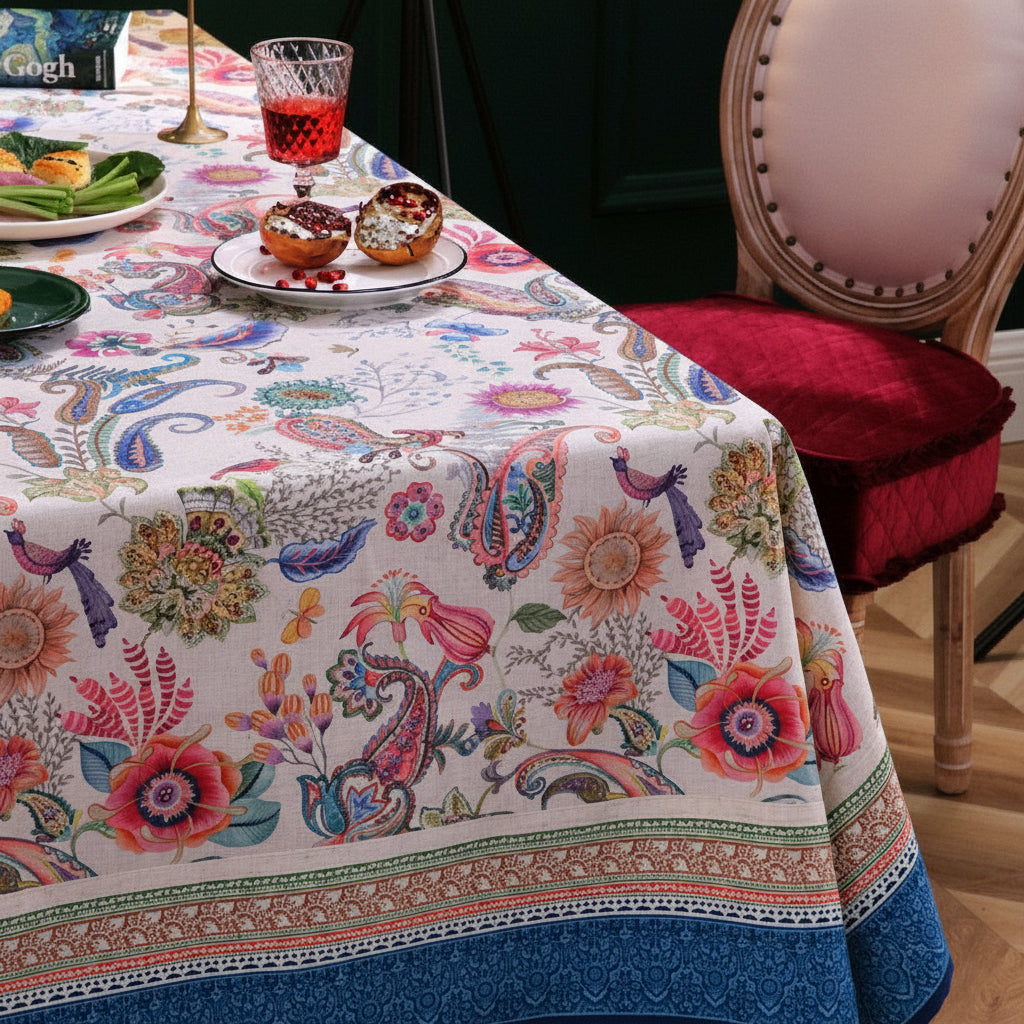 Bordered linen tablecloth with colourful floral and paisley design.