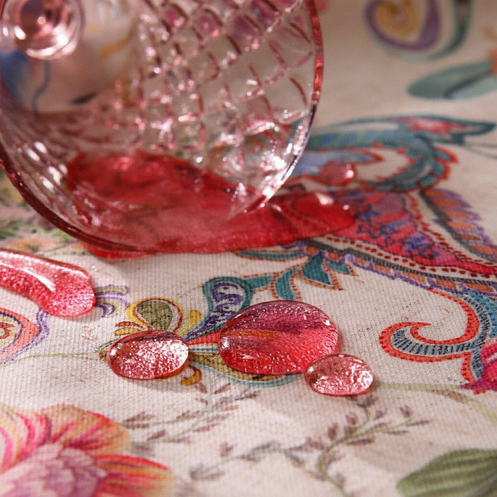 Close-up of Château Jardin linen tablecloth pattern and texture