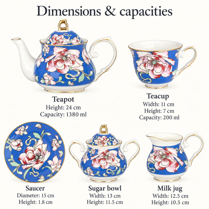 Rosewood Garden tea set dimensions and capacities, detailed in the Dimensions &amp; Specifications section