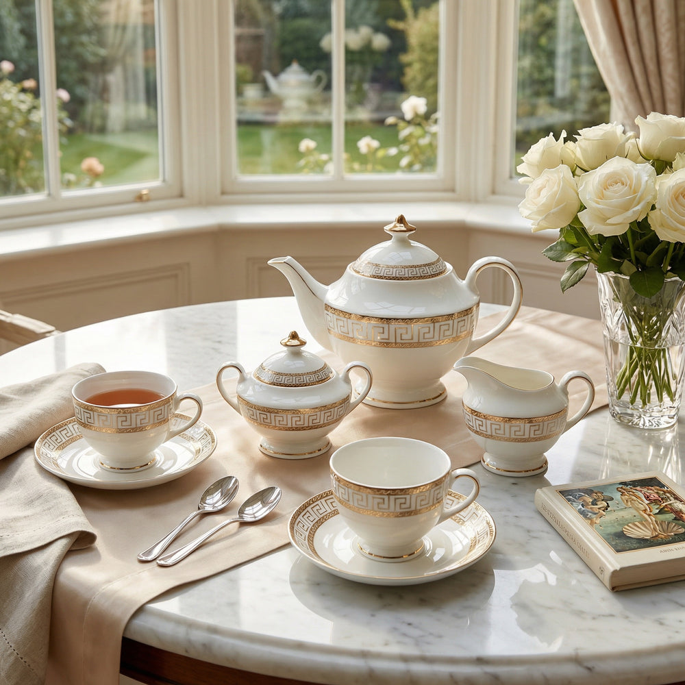 Heritage Gold fine bone china tea set with 22k gold detailing arranged for afternoon tea by a window