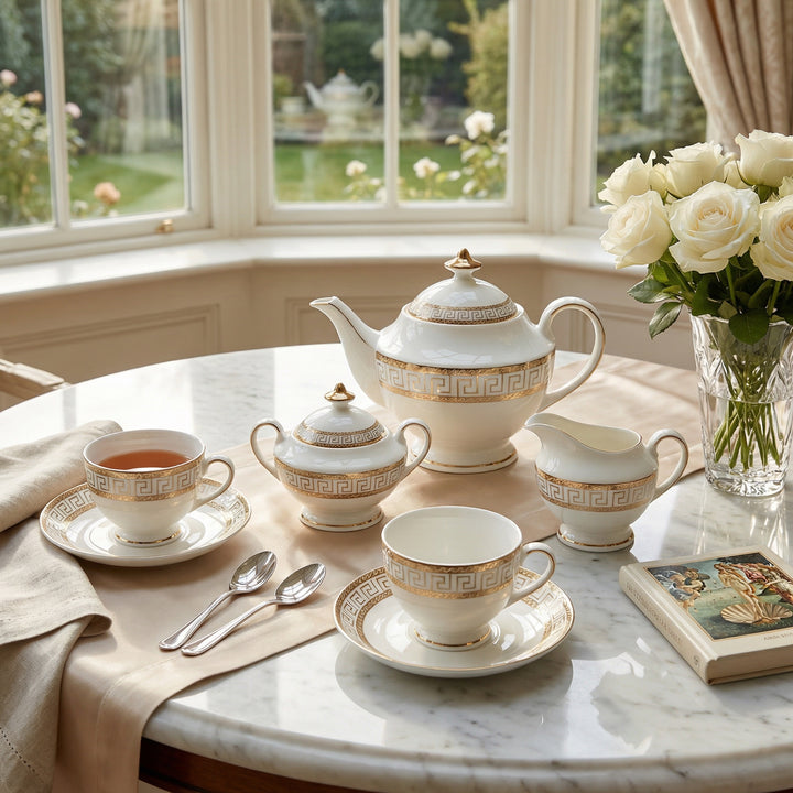 Heritage Gold fine bone china tea set with 22k gold detailing arranged for afternoon tea by a window