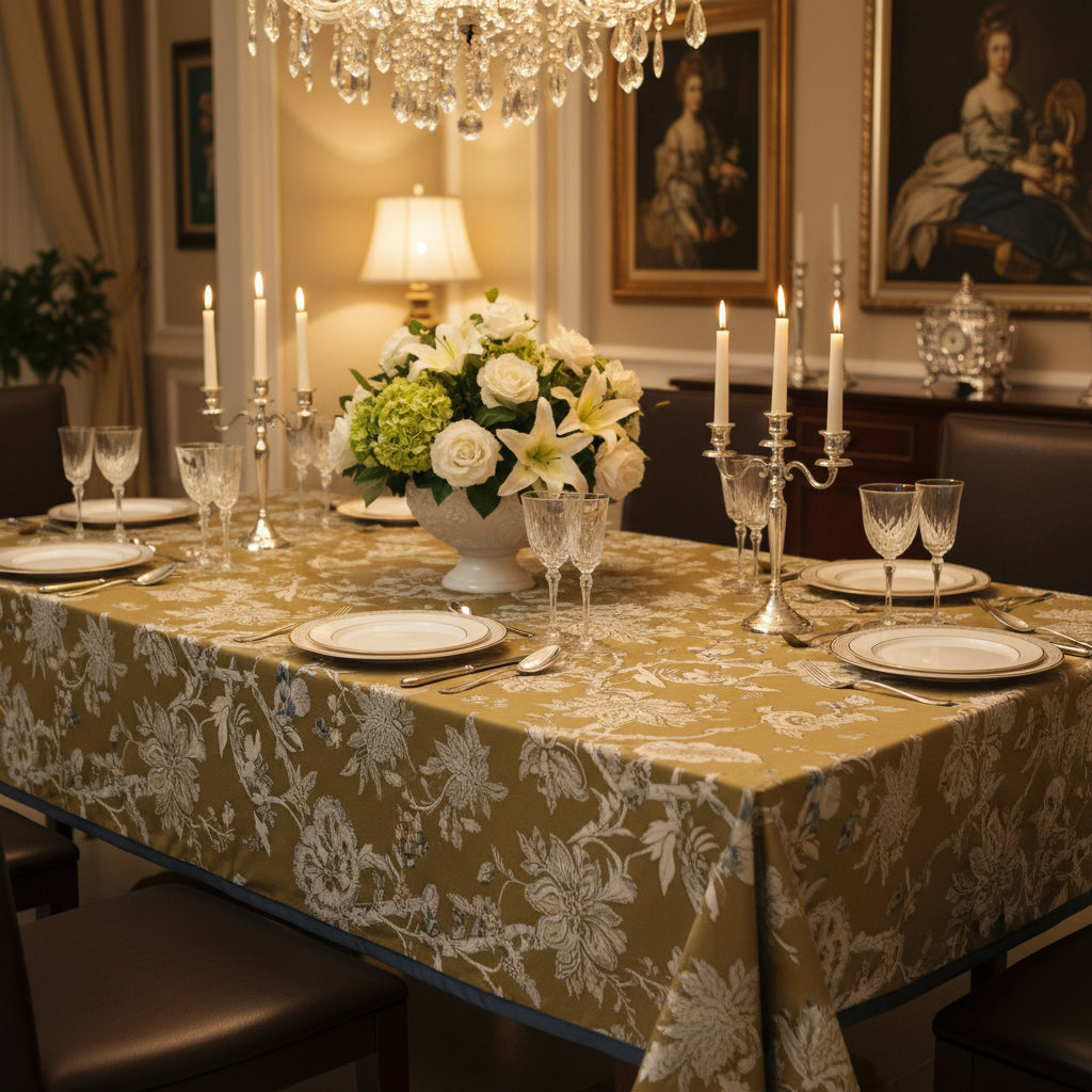 Elegant dining room with a table set for dinner, a luxury tablecloth, a floral centrepiece, and a chandelier.
