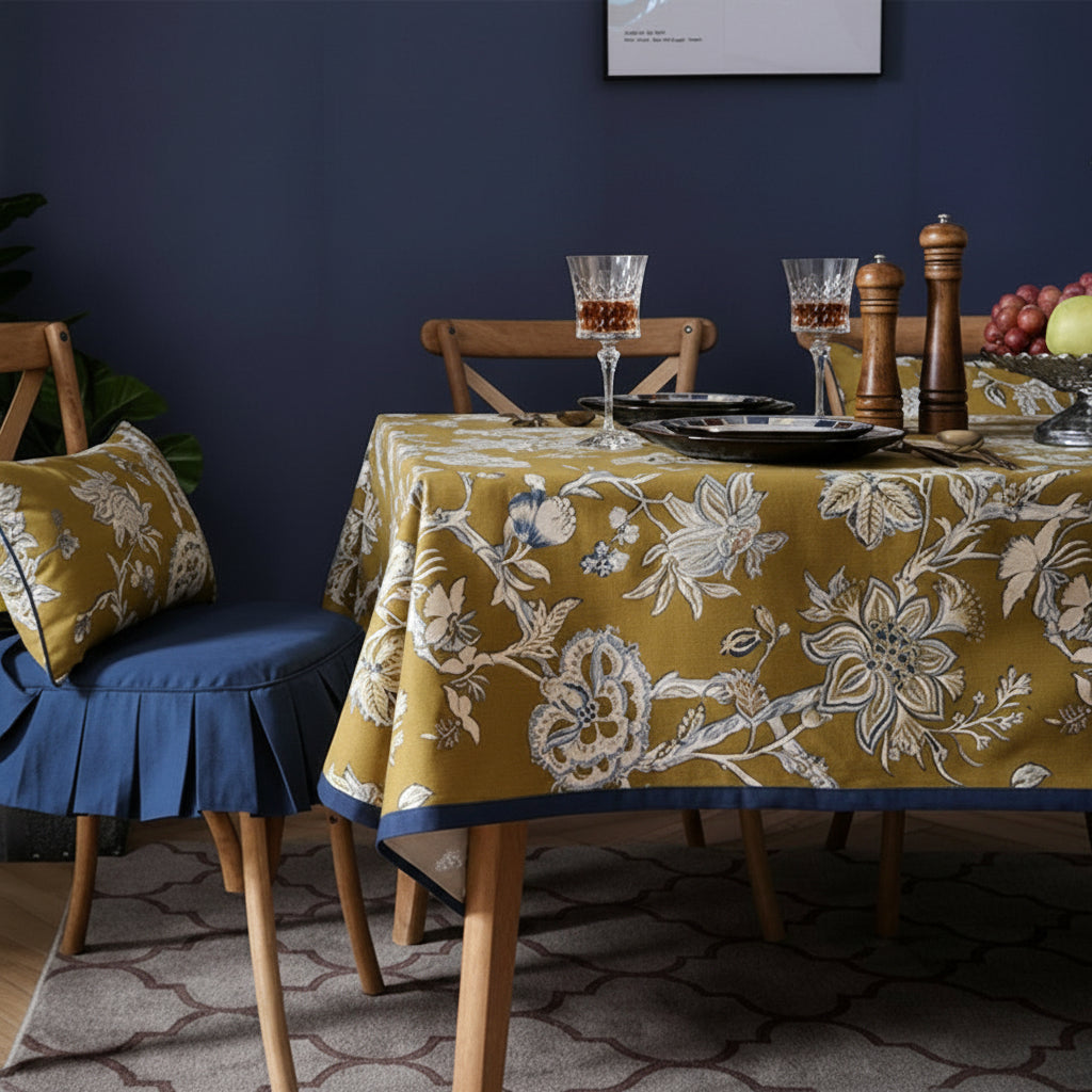 Dining table setting with floral-patterned tablecloth, chairs, plates, glasses, and fruit bowl.