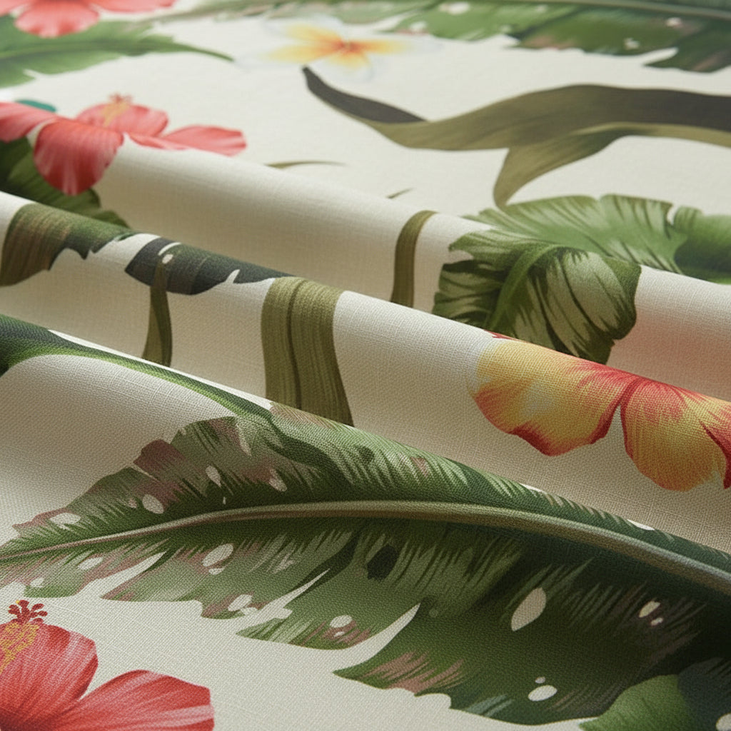 Tropical leaf and flower patterned tablecloth fabric