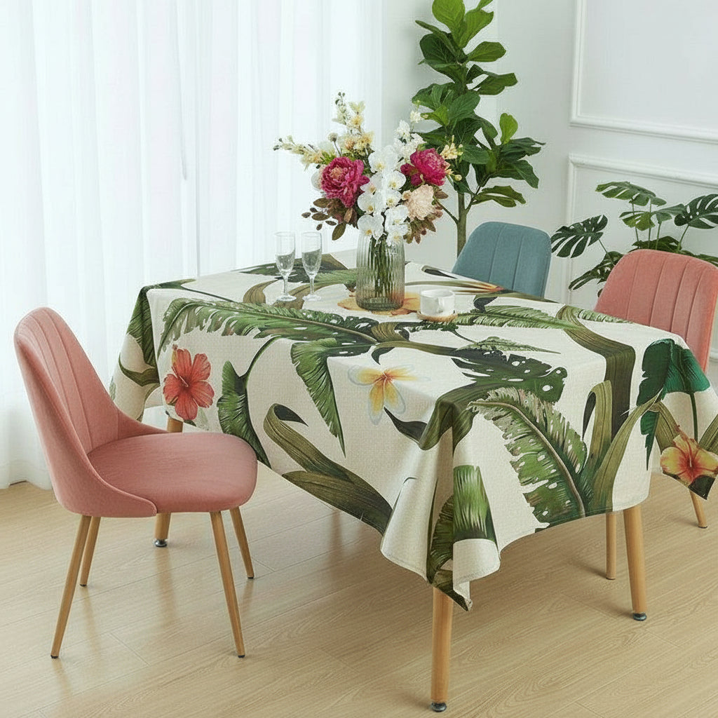 Dining table with a tropical leaf patterned tablecloth, surrounded by chairs and flowers.