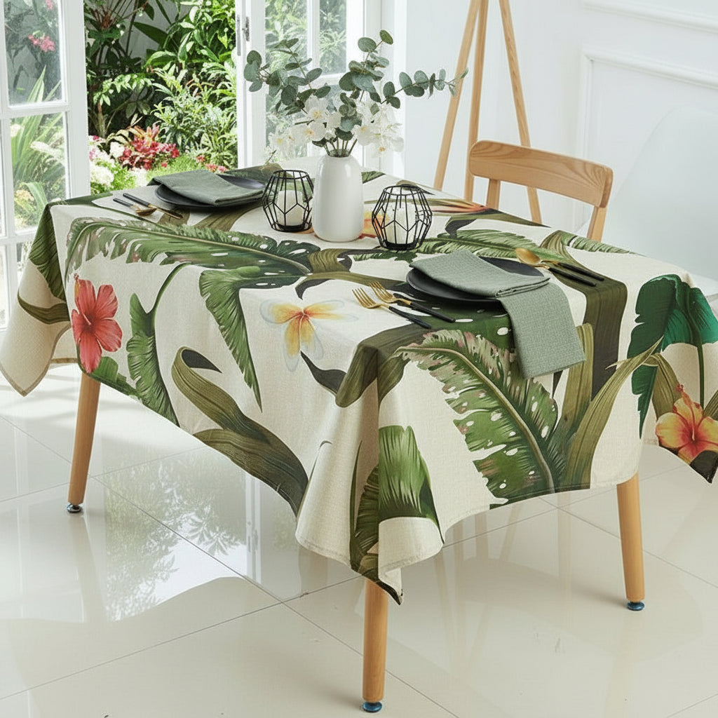 Tablecloth with tropical leaf and flower design on a dining table.