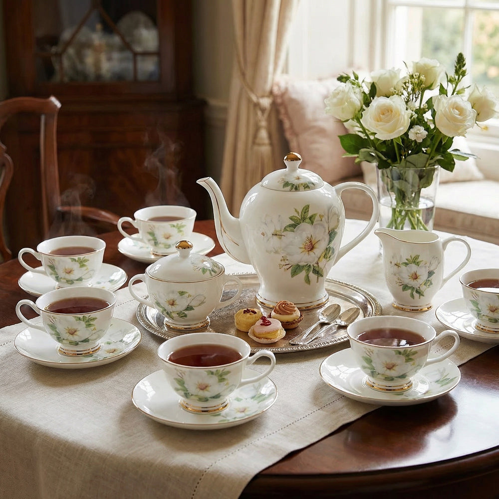 Ivory Camellia fine bone china tea set with floral pattern arranged for afternoon tea on a dining table
