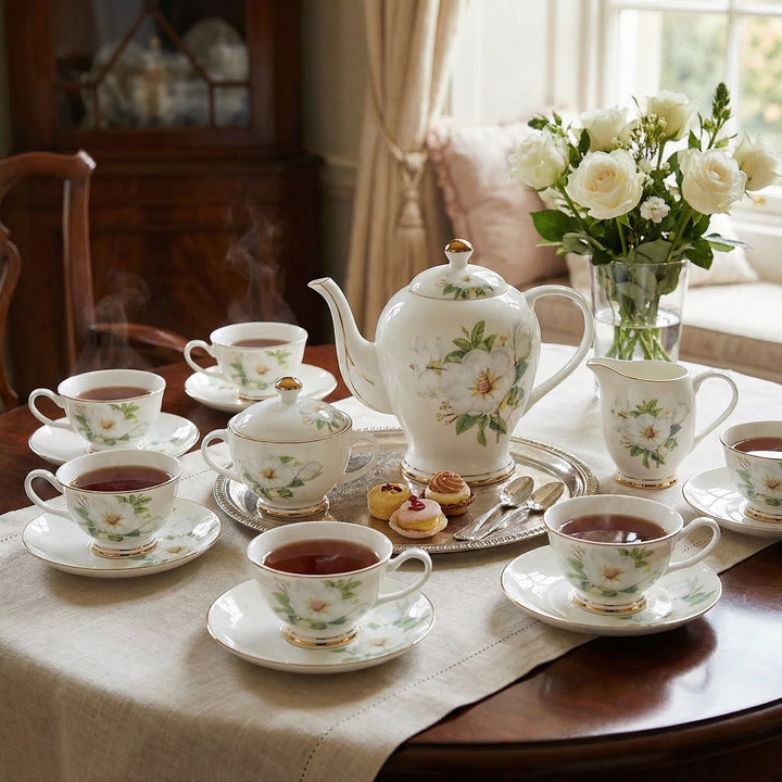 Ivory Camellia fine bone china tea set with floral pattern arranged for afternoon tea on a dining table