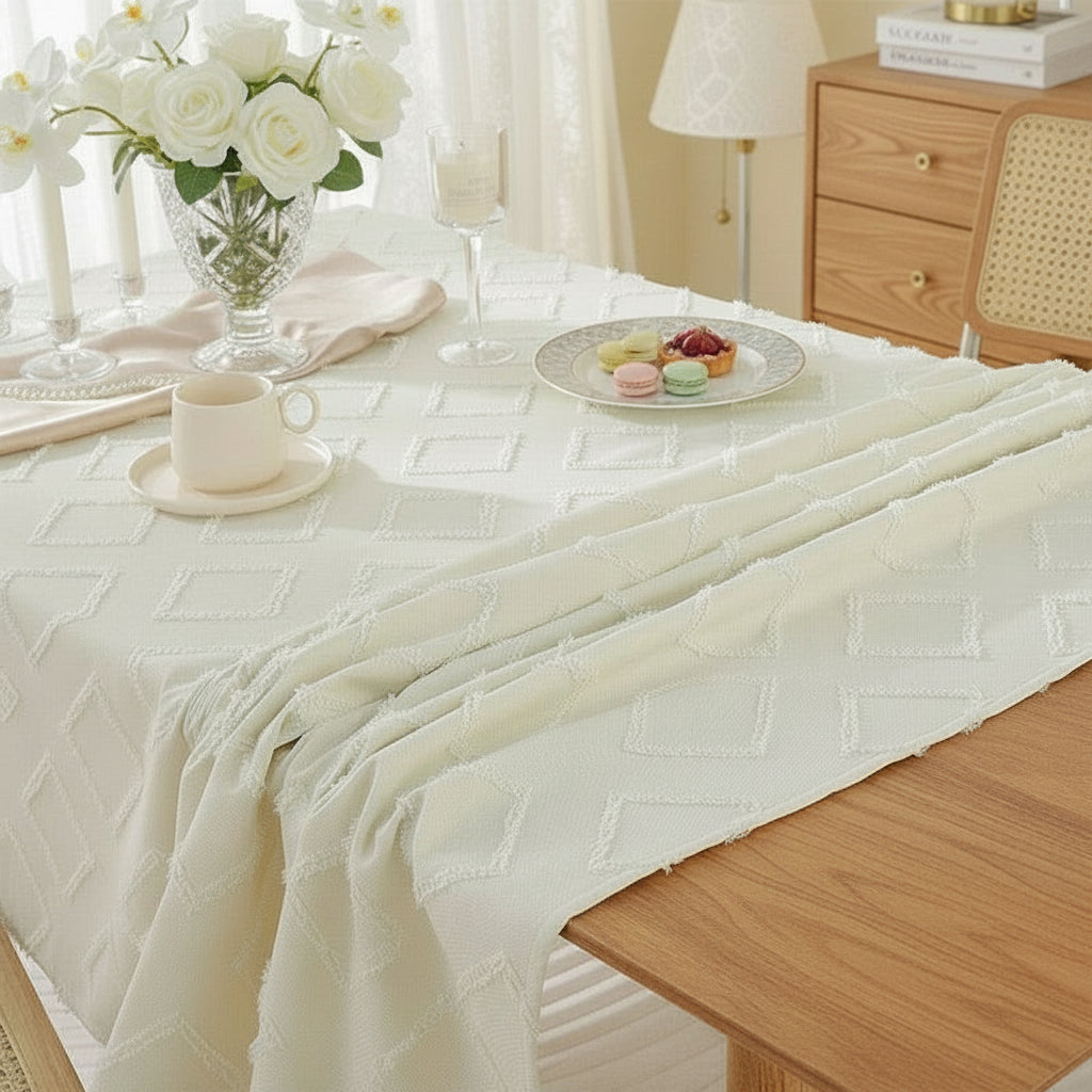 White textured linen blend tablecloth laid for dinner with plates, glassware and white flowers