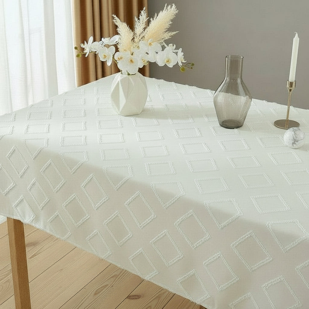 White linen blend textured tablecloth on a rectangular dining table with minimalist vases