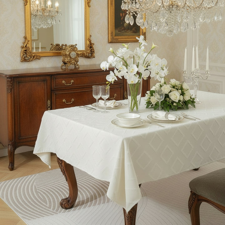 Kensington white linen blend tablecloth styled in a classic dining room with white flowers