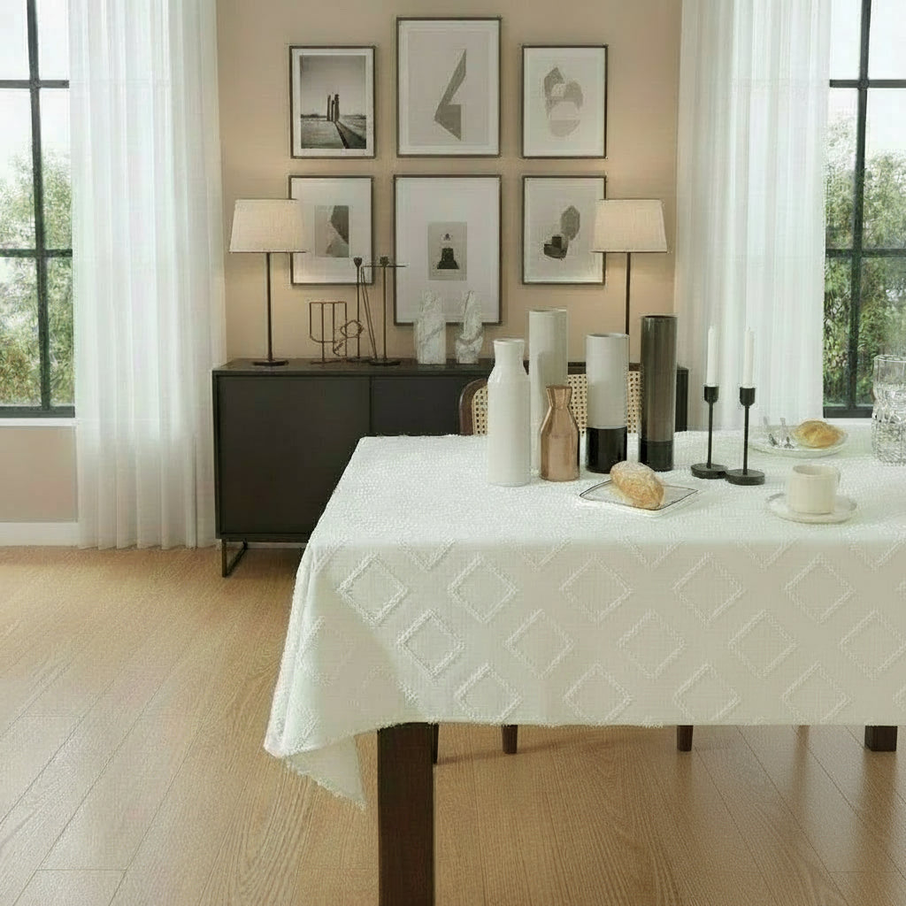 Kensington white linen blend tablecloth with textured diamond weave in a modern dining room