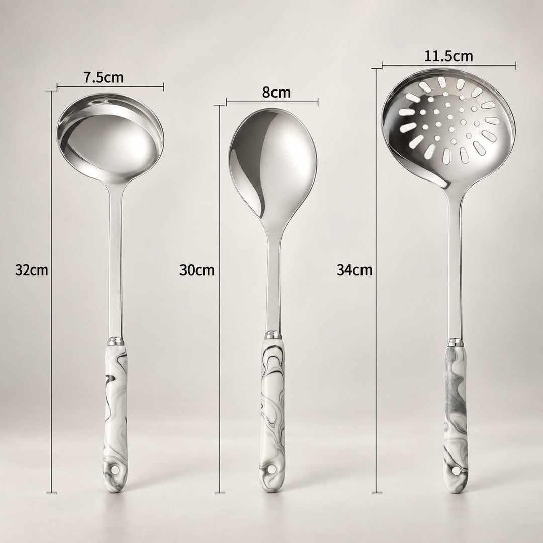 Three stainless steel kitchen utensils with white marbled handles are shown on a light grey background with dimension labels: a ladle at 7.5cm bowl width and 32cm total height, a spoon at 8cm bowl width and 30cm total height, and a slotted ladle.