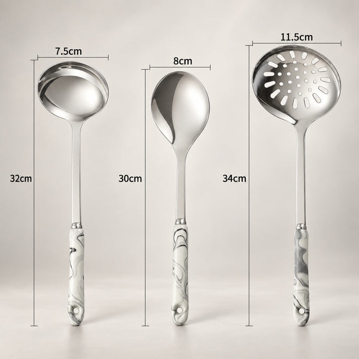 Three stainless steel kitchen utensils with white marbled handles are shown on a light grey background with dimension labels: a ladle at 7.5cm bowl width and 32cm total height, a spoon at 8cm bowl width and 30cm total height, and a slotted ladle.