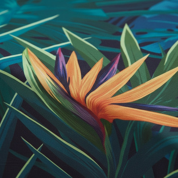 Colourful tropical flower with green leaves tablecloth fabric