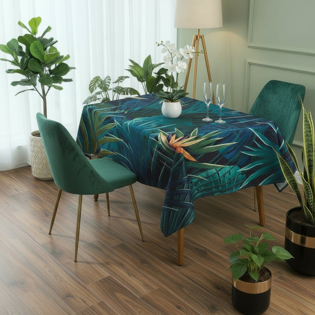 Dining table with a tropical leaf patterned tablecloth, surrounded by green chairs and potted plants.