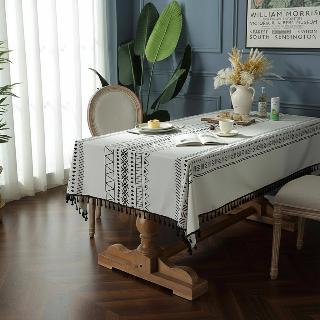 Dining room with a wooden table and white tablecloth featuring black patterns, surrounded by chairs and plants.
