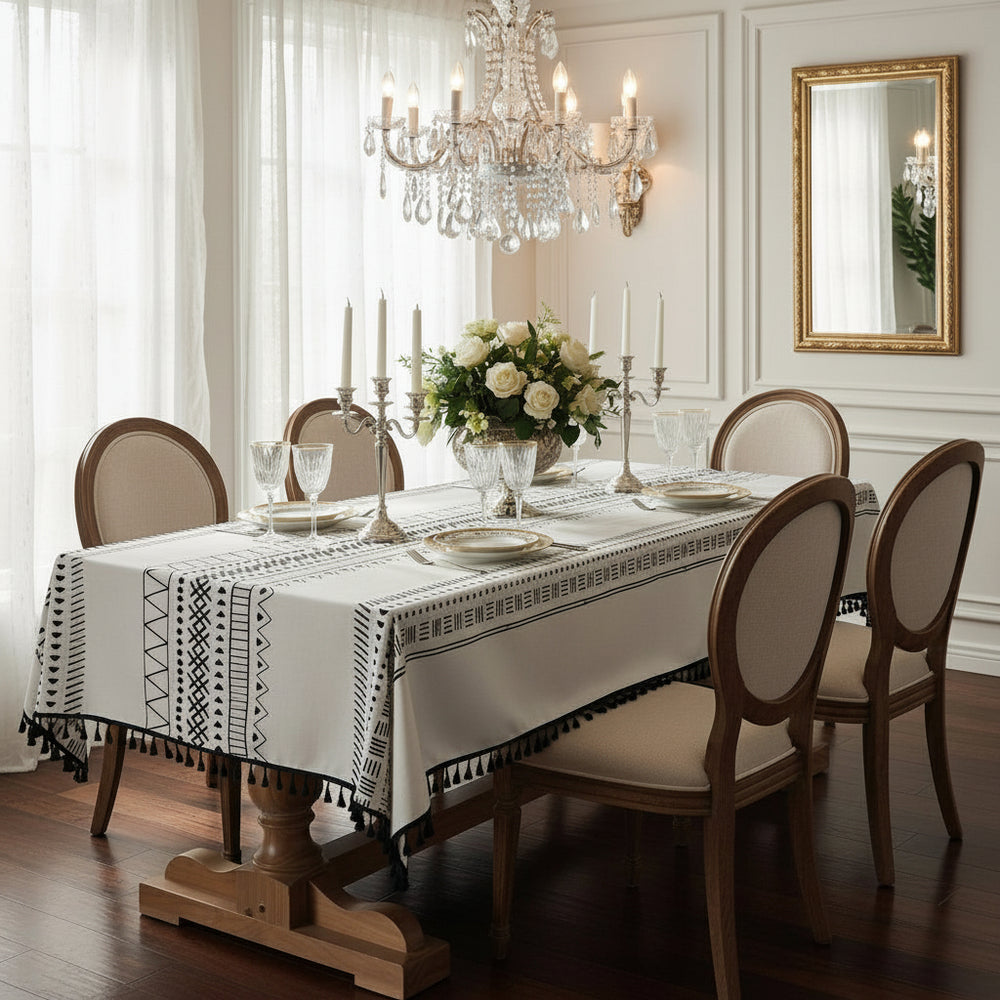 Dining room with a table set for dinner, featuring a white tablecloth with black patterns, a chandelier and decorative elements.