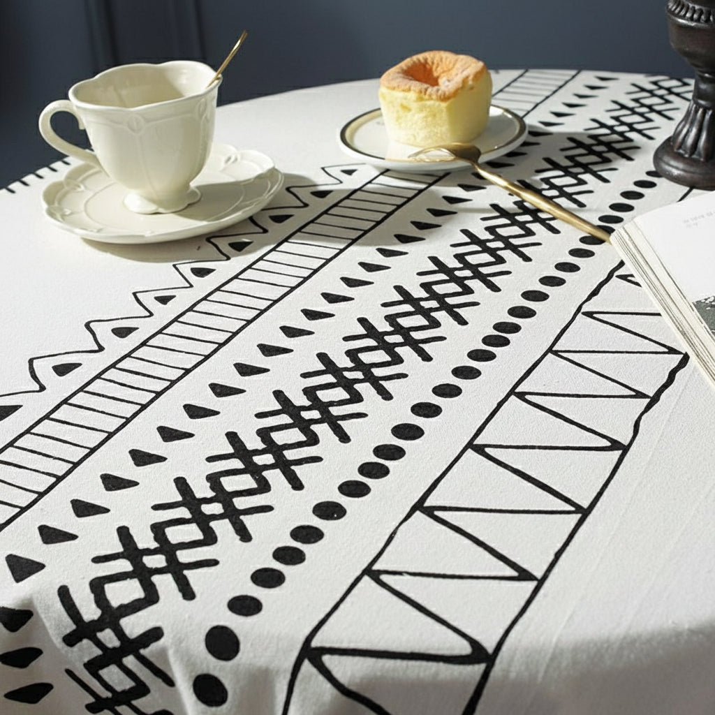 Table setting with a geometric patterned tablecloth, cup, saucer, and dessert.