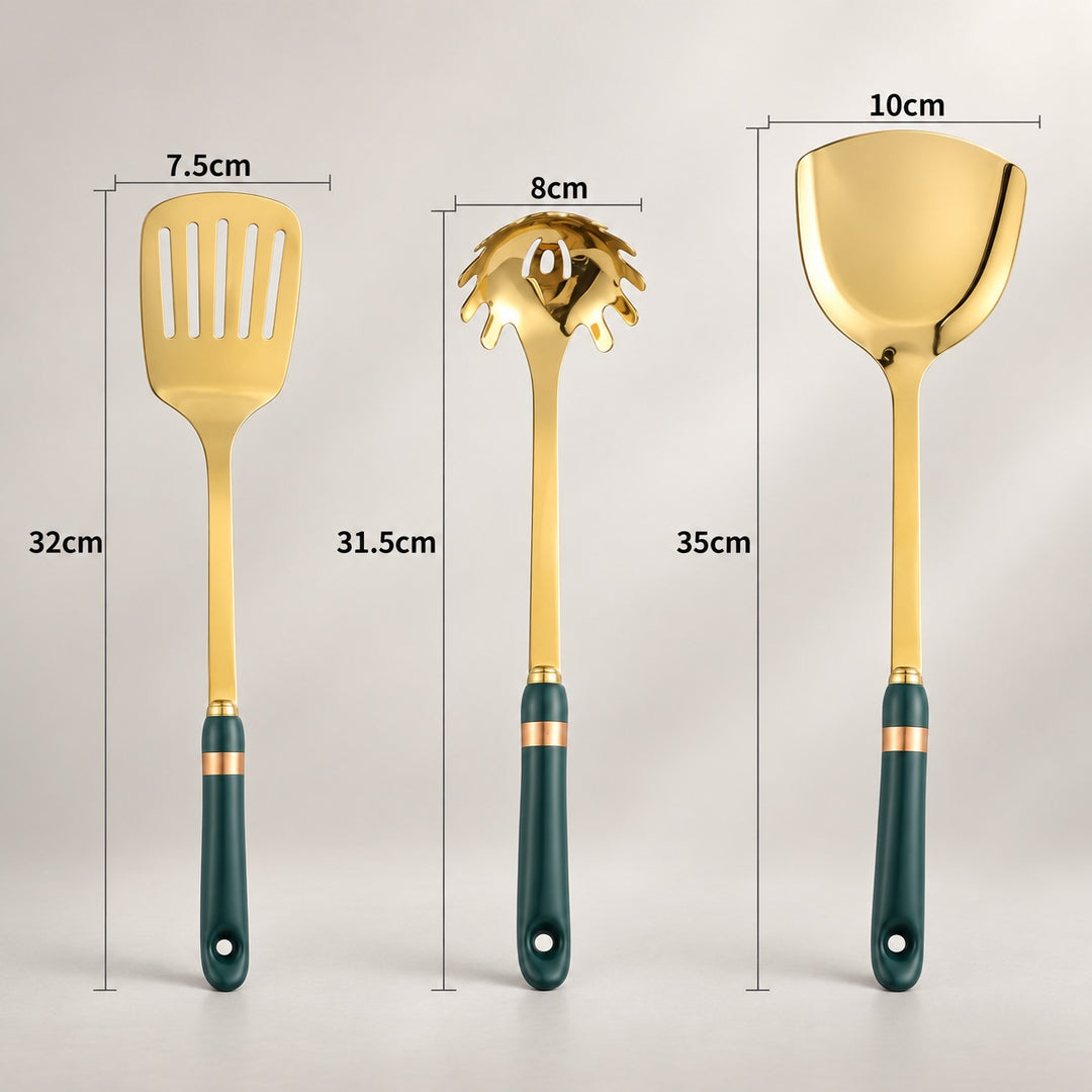 Three gold kitchen utensils with dark green handles are shown on a light beige background with dimension