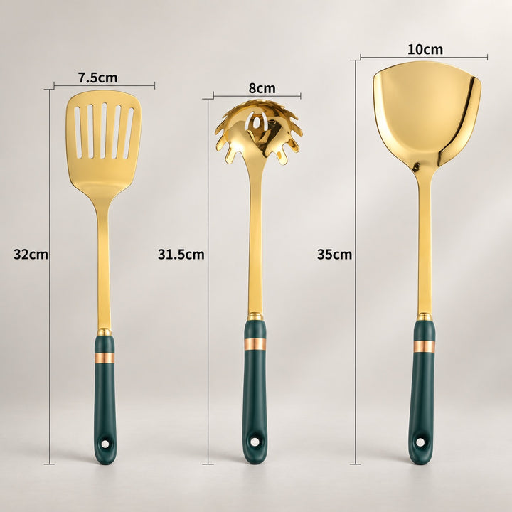 Three gold kitchen utensils with dark green handles are shown on a light beige background with dimension