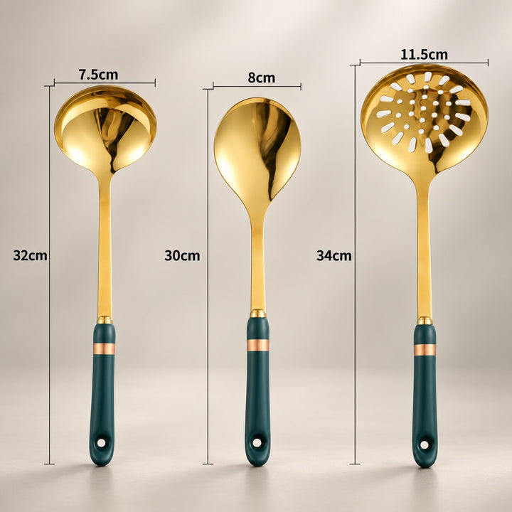 Three gold kitchen utensils with dark green handles are shown on a light beige background with dimension labels: a ladle at 7.5cm bowl width and 32cm total height, a spoon at 8cm bowl width and 30cm total height, and a slotted spoon at 11.