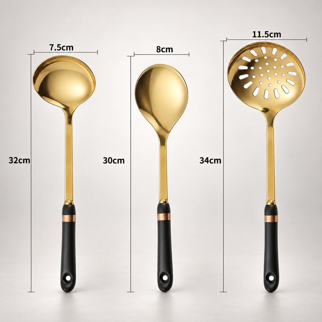 Three gold kitchen utensils with black handles are shown on a light gray background with dimension labels: a ladle 7.5cm wide by 32cm tall, a spoon 8cm wide by 30cm tall, and a slotted spoon 11.