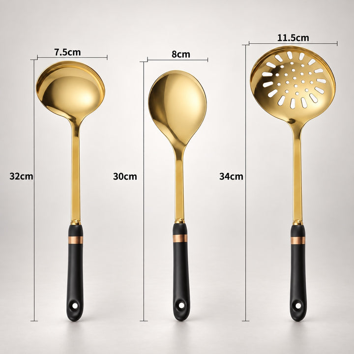 Three gold kitchen utensils with black handles are shown on a light gray background with dimension labels: a ladle 7.5cm wide by 32cm tall, a spoon 8cm wide by 30cm tall, and a slotted spoon 11.