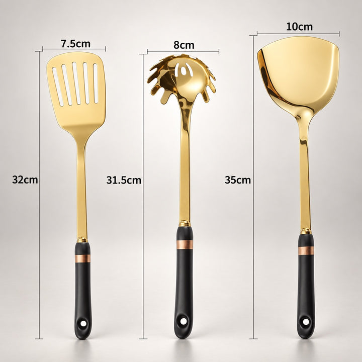 Three stainless steel kitchen utensils with black ceramic handles are shown on a light gray background with dimension labels