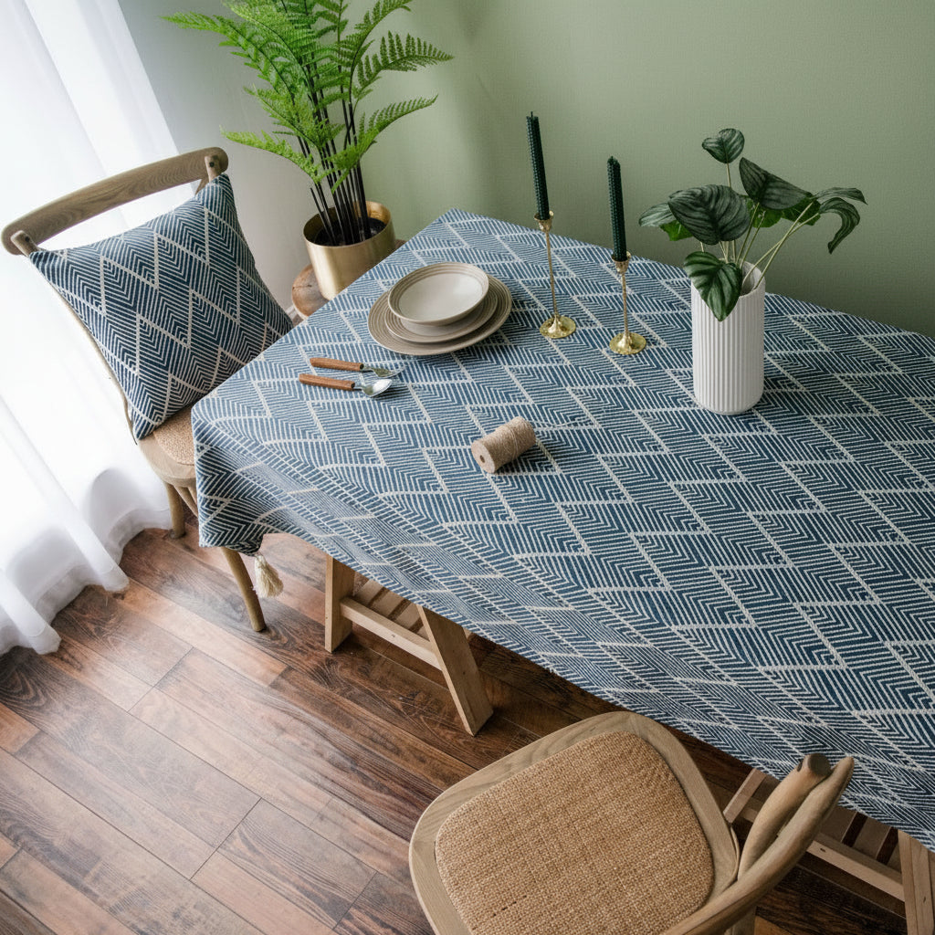 Dining table with a blue geometric patterned tablecloth, chairs, and decor items.