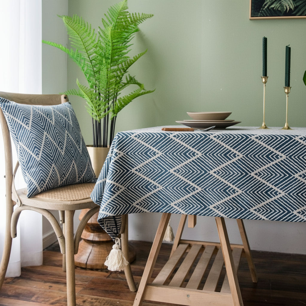 Dining room with a table covered by a navy blue geometric-patterned tablecloth, chairs with patterned cushions, and a plant.