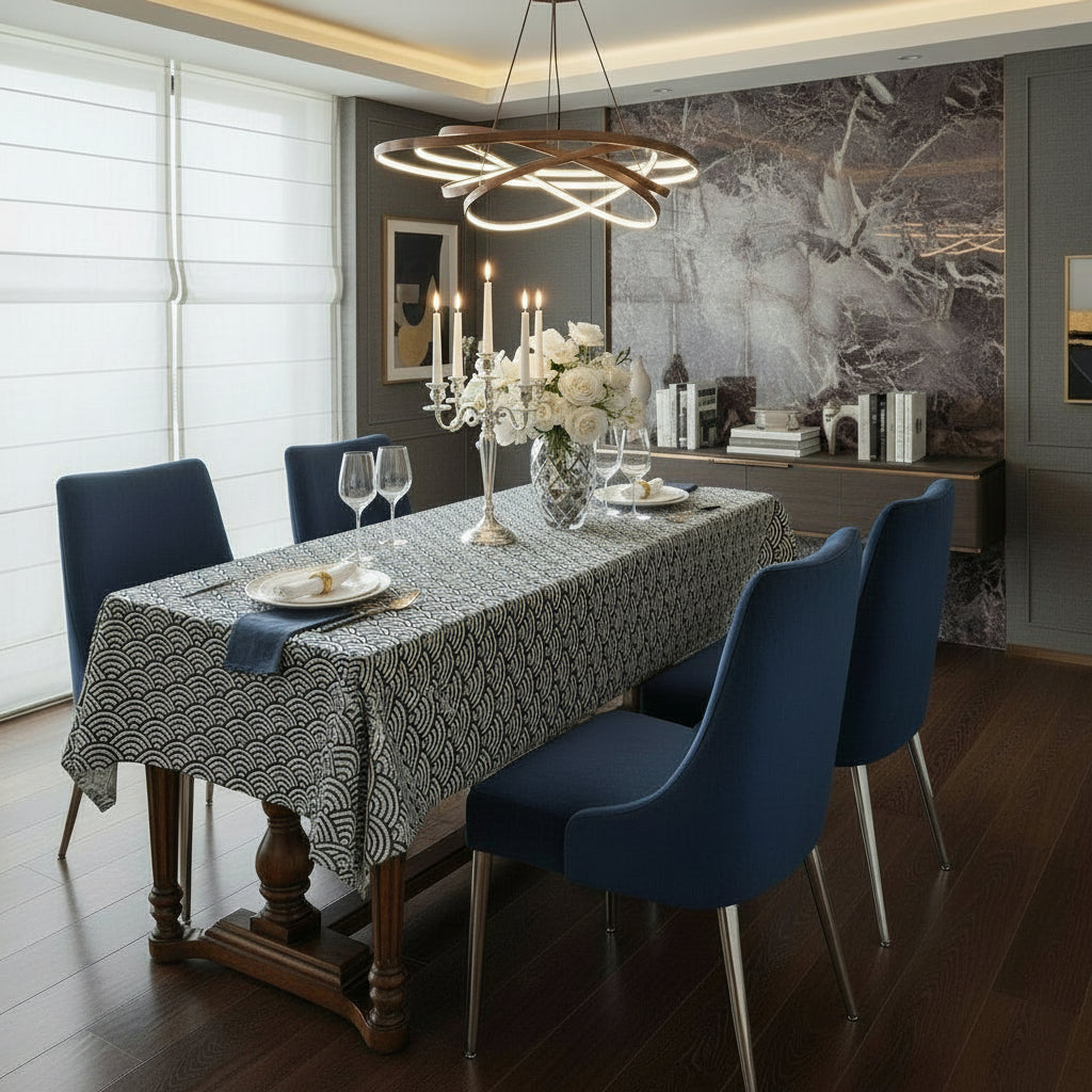Table with a patterned tablecloth, bowls, and a cutting board in a bright room.