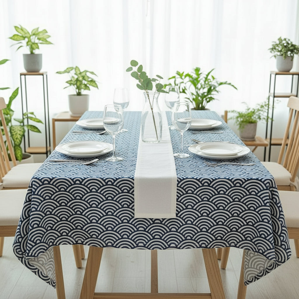 Dining table set with a blue and white patterned tablecloth in a bright room with plants.