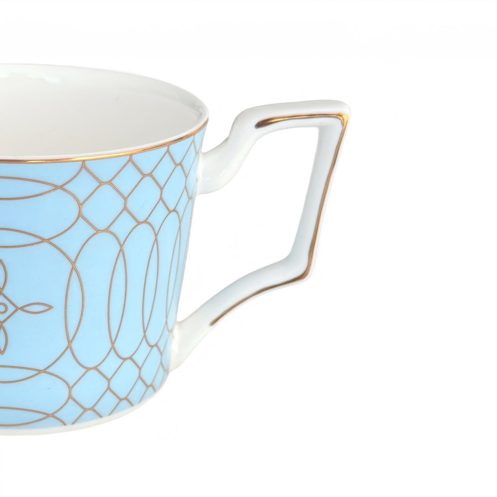 Close-up of Regent Blue Gold fine bone china teacup handle with gold detailing