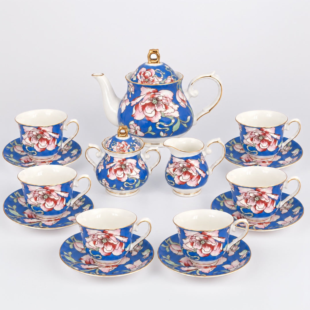Rosewood Garden blue floral bone china tea set with six cups and saucers, teapot, milk jug and sugar bowl