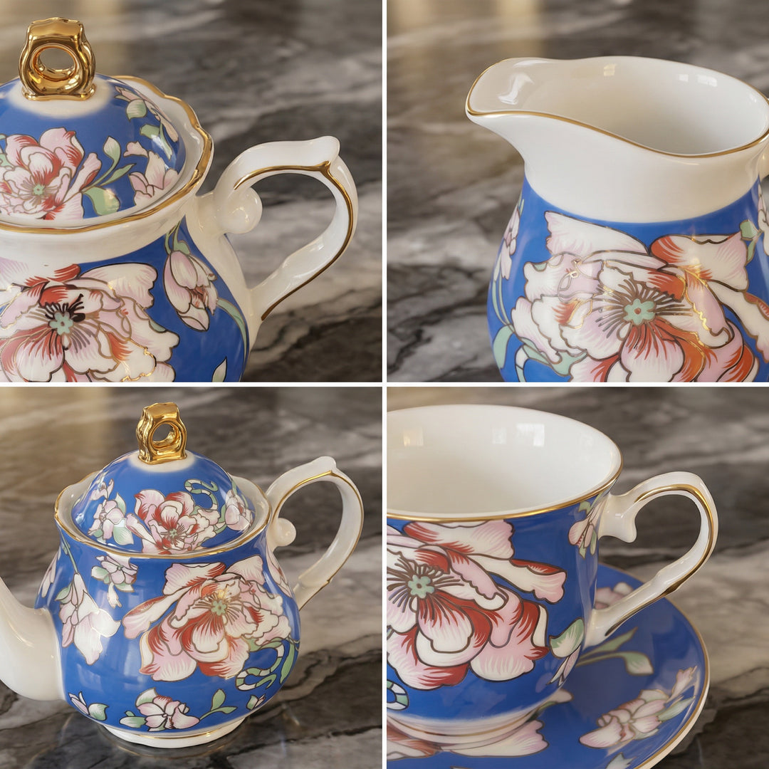 Close-up details of Rosewood Garden fine bone china tea set with floral motif
