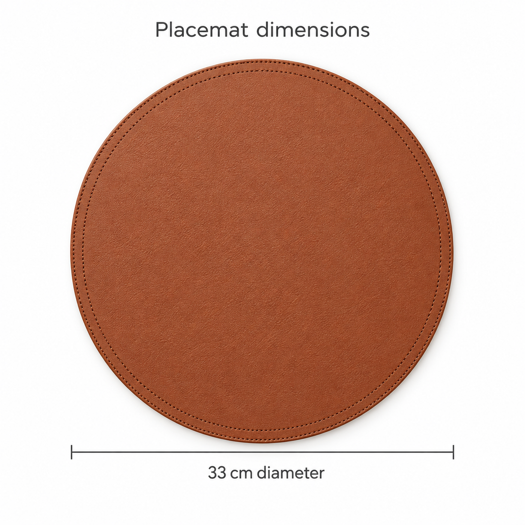 A round brown placemat shown on a white background with text indicating its dimensions: &