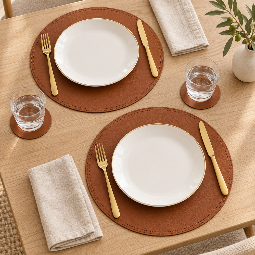 Two round brown faux-leather placemats and two round matching coasters, arranged on light wood table with two white plates, glasses and cutlery placed over them.