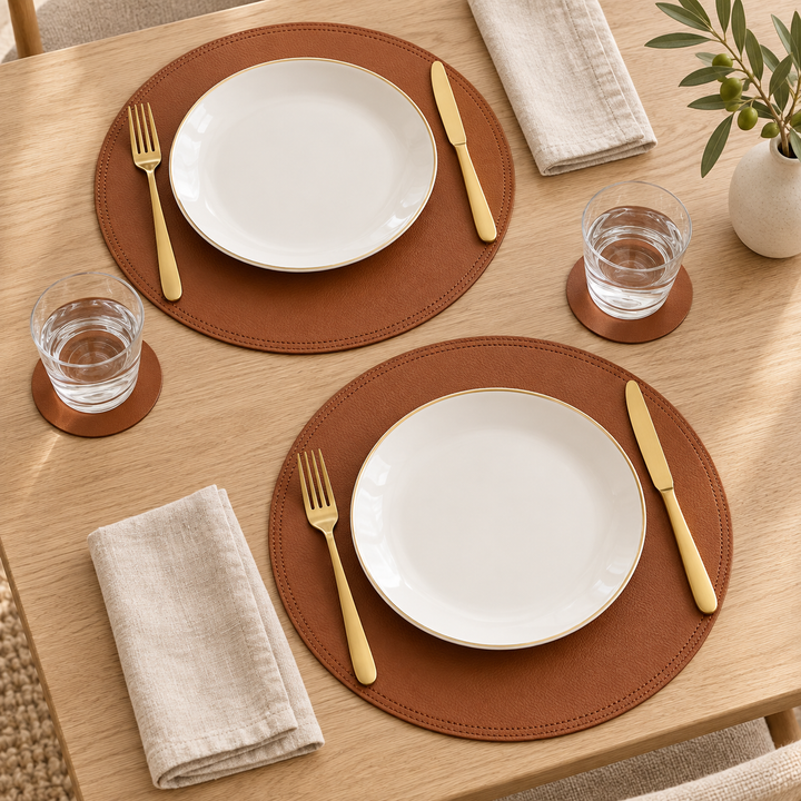 Two round brown faux-leather placemats and two round matching coasters, arranged on light wood table with two white plates, glasses and cutlery placed over them.