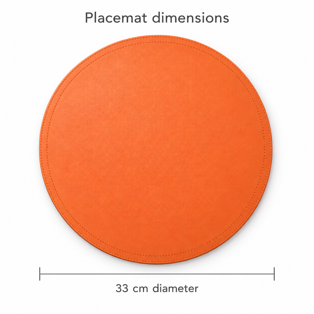 An orange round placemat shown on a white background with text indicating placemat dimensions and a 33 cm diameter measurement.